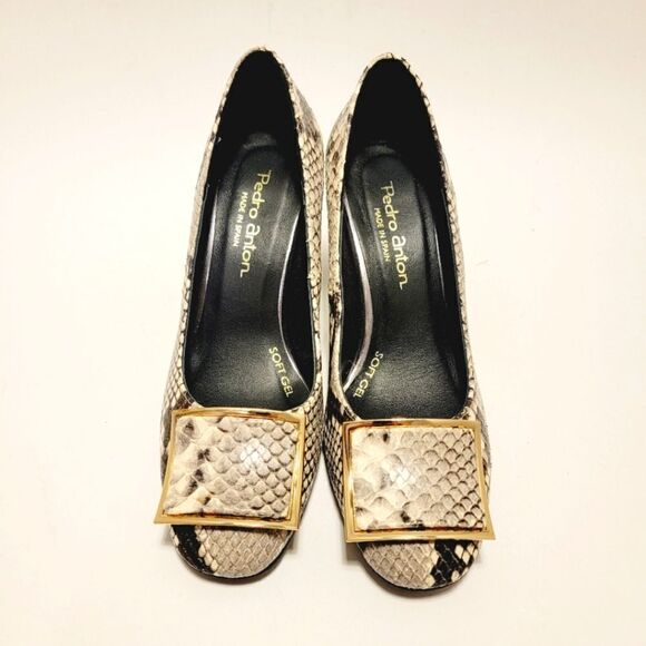 Pedro Anton Made in Spain Faux Snake Embossed Buckle Pumps Block Heel Shoes 36 - Picture 4 of 8